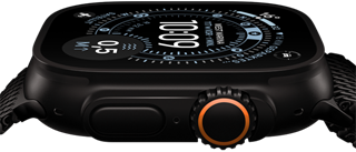 Apple Watch Ultra 3, Seitenansicht, Titangehäuse Schwarz, Kompass auf dem Orientierung Zifferblatt, Seitentaste und Digital Crown